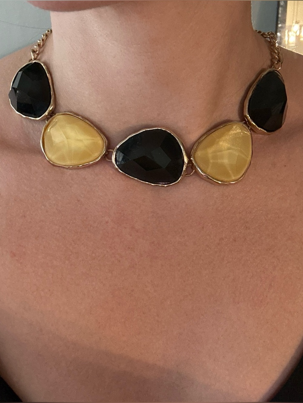 Black & Gold Statement Necklace Chunky Faceted Gem Collar